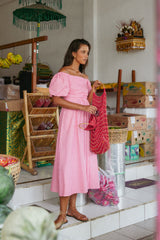 Chlo Puff Sleeve Midi Dress - Red Stripe