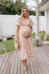 Clo Puff Sleeve Midi Dress - Peach Floral