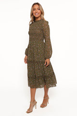 Edwina Shirred Frill Long Sleeve Midi Dress - Olive Floral