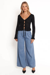 Islah Pointelle Cardigan Top - Black