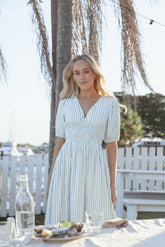 Ronnie Short Sleeve Midi Dress - Green Blue Stripe