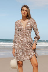 Sheridan Long Sleeve Mini Dress - Chocolate Brown Print