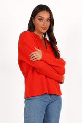 Zala Vneck Collar Knit Sweater - Red