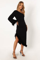 Dame One Shoulder Feather Midi Dress - Black