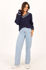 Leanna Vneck Knit Sweater - Navy