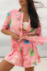 Kellie Romper - Pink Stamp Print