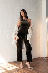 Xita Velvet One Shoulder Jumpsuit - Olive