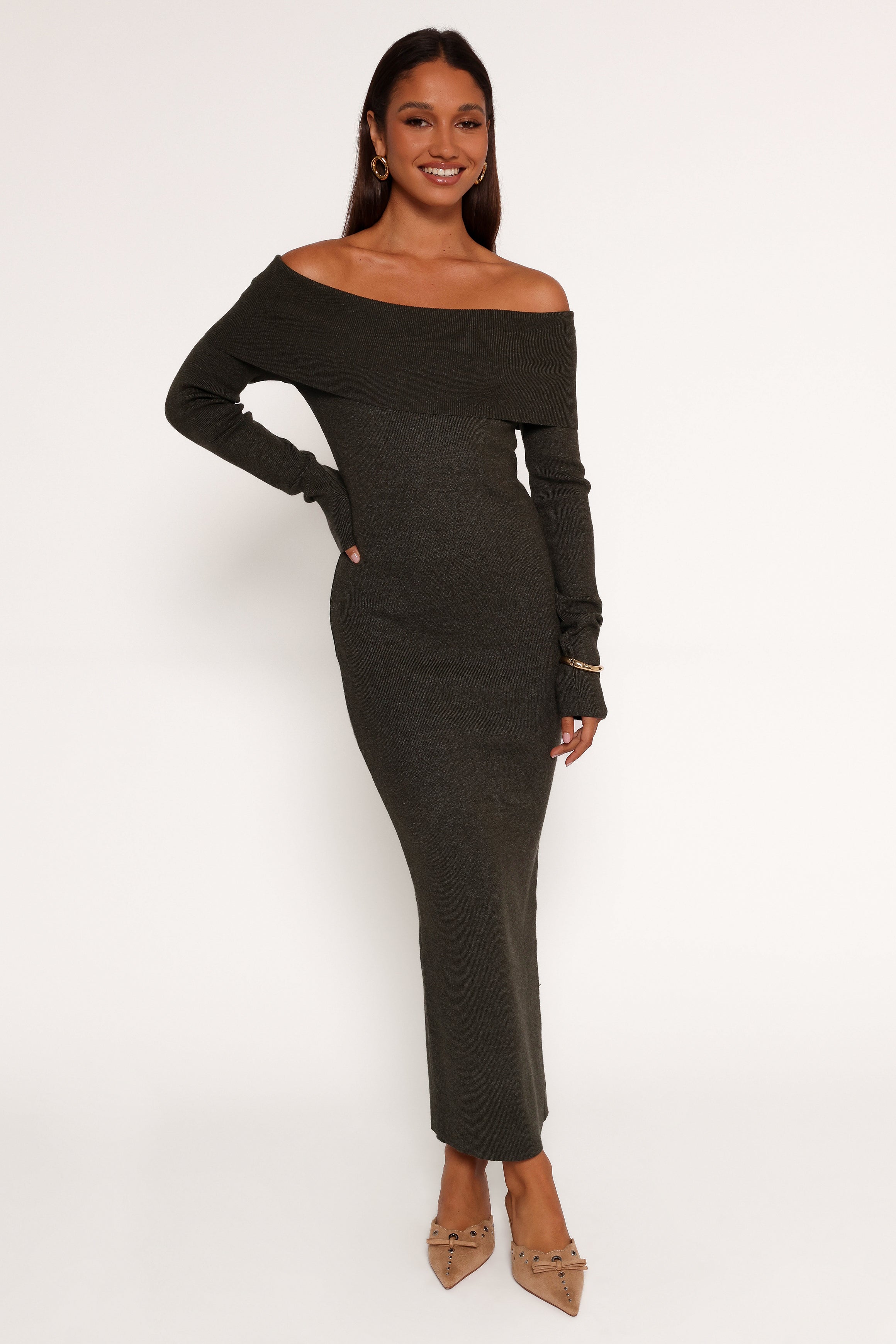 Archie Off The Shoulder Midi Dress - Olive
