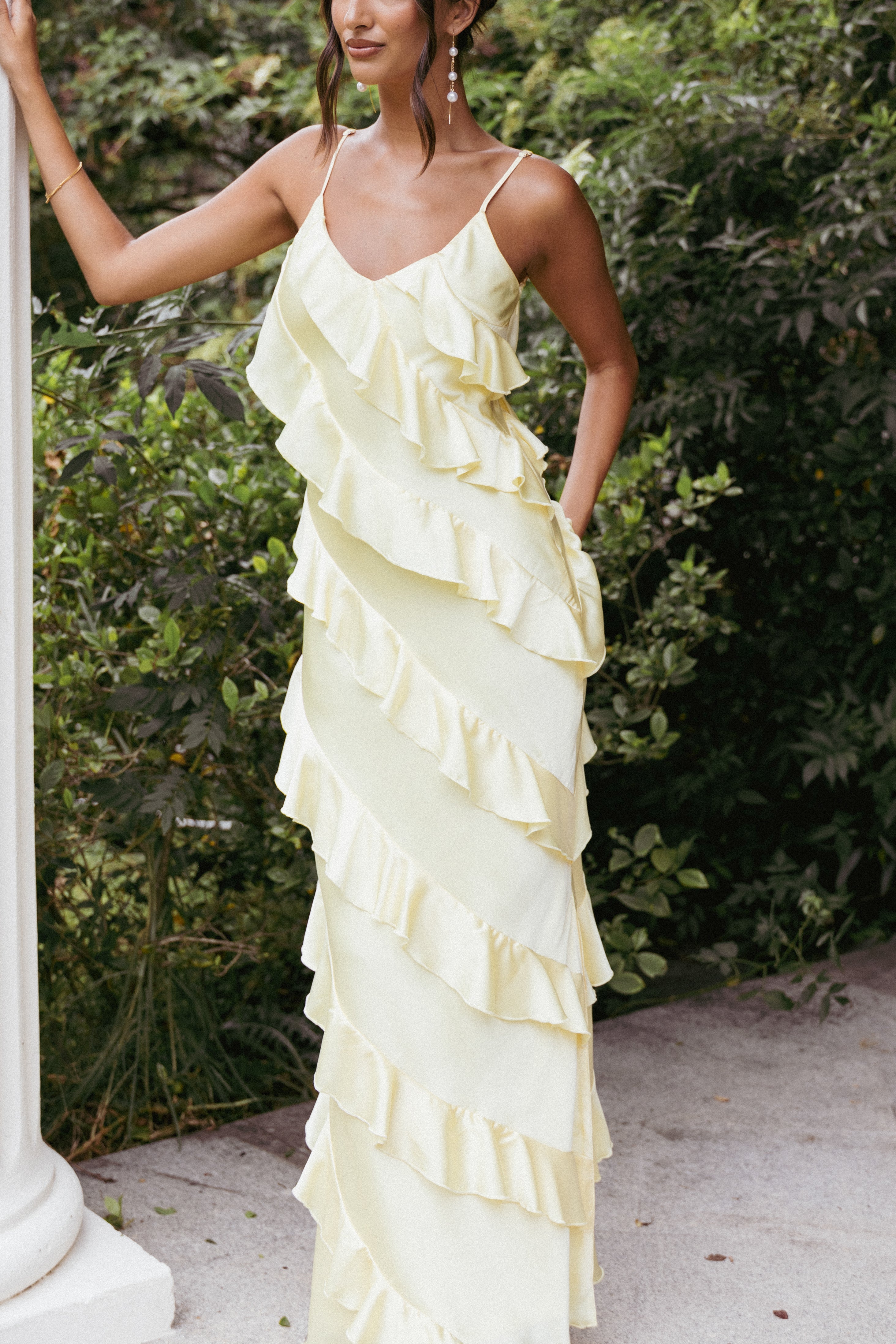 Ciao Ruffles Maxi Satin Dress - Pale Yellow