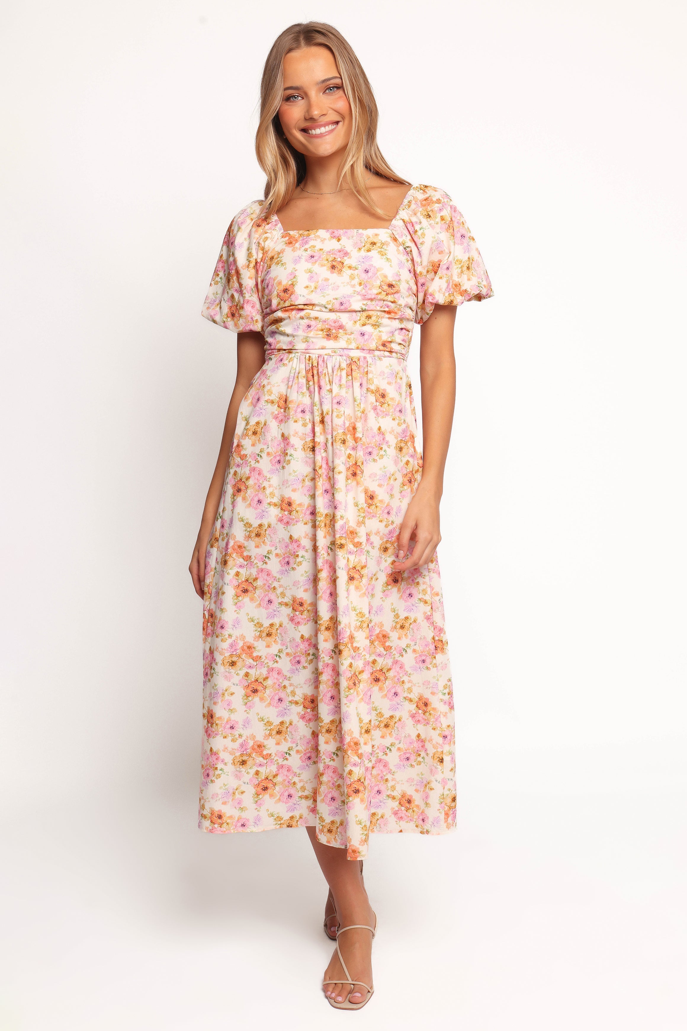 Clo Puff Sleeve Midi Dress - Peach Floral