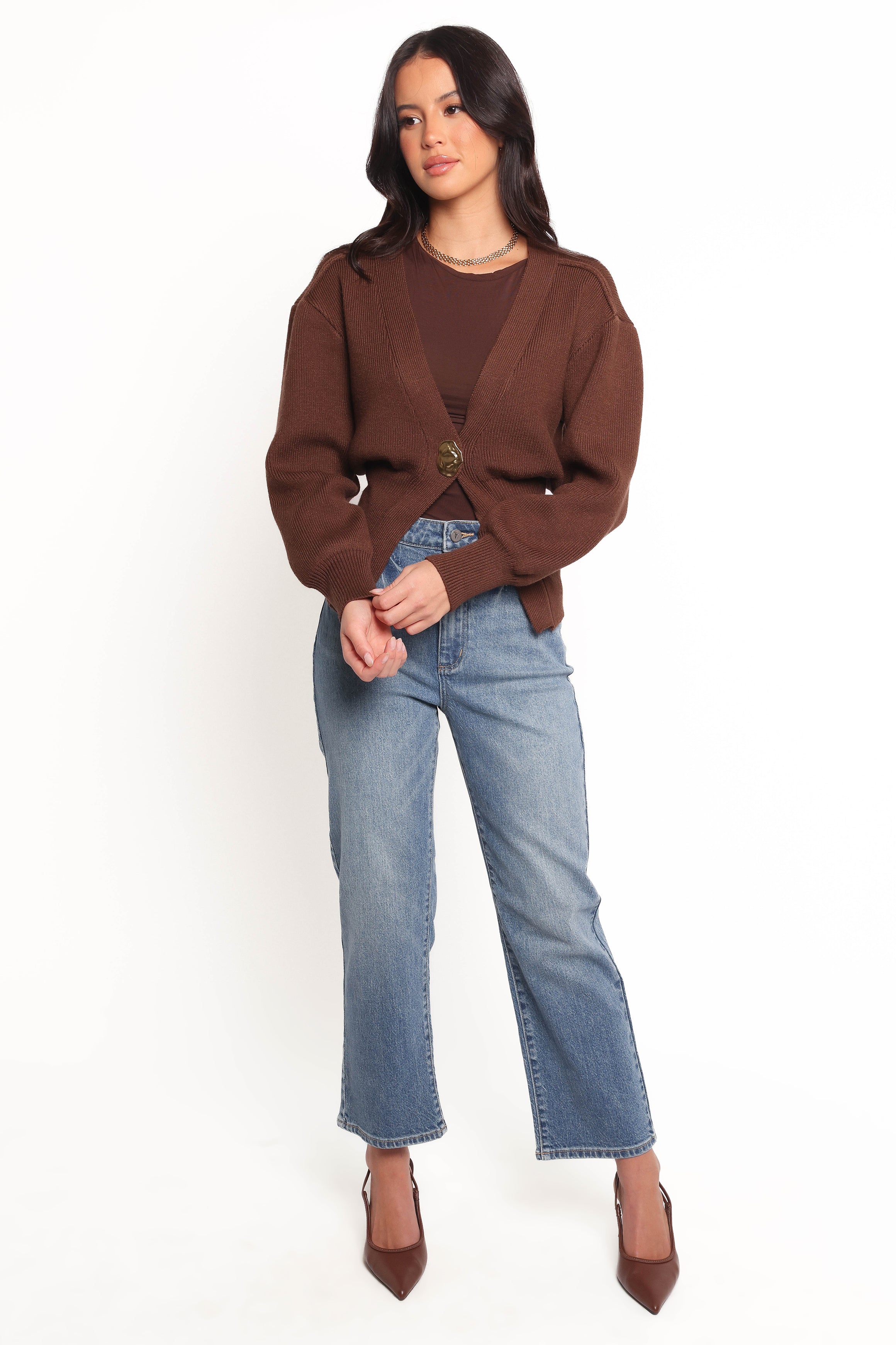 Cyrelle Single Button Cardigan - Brown