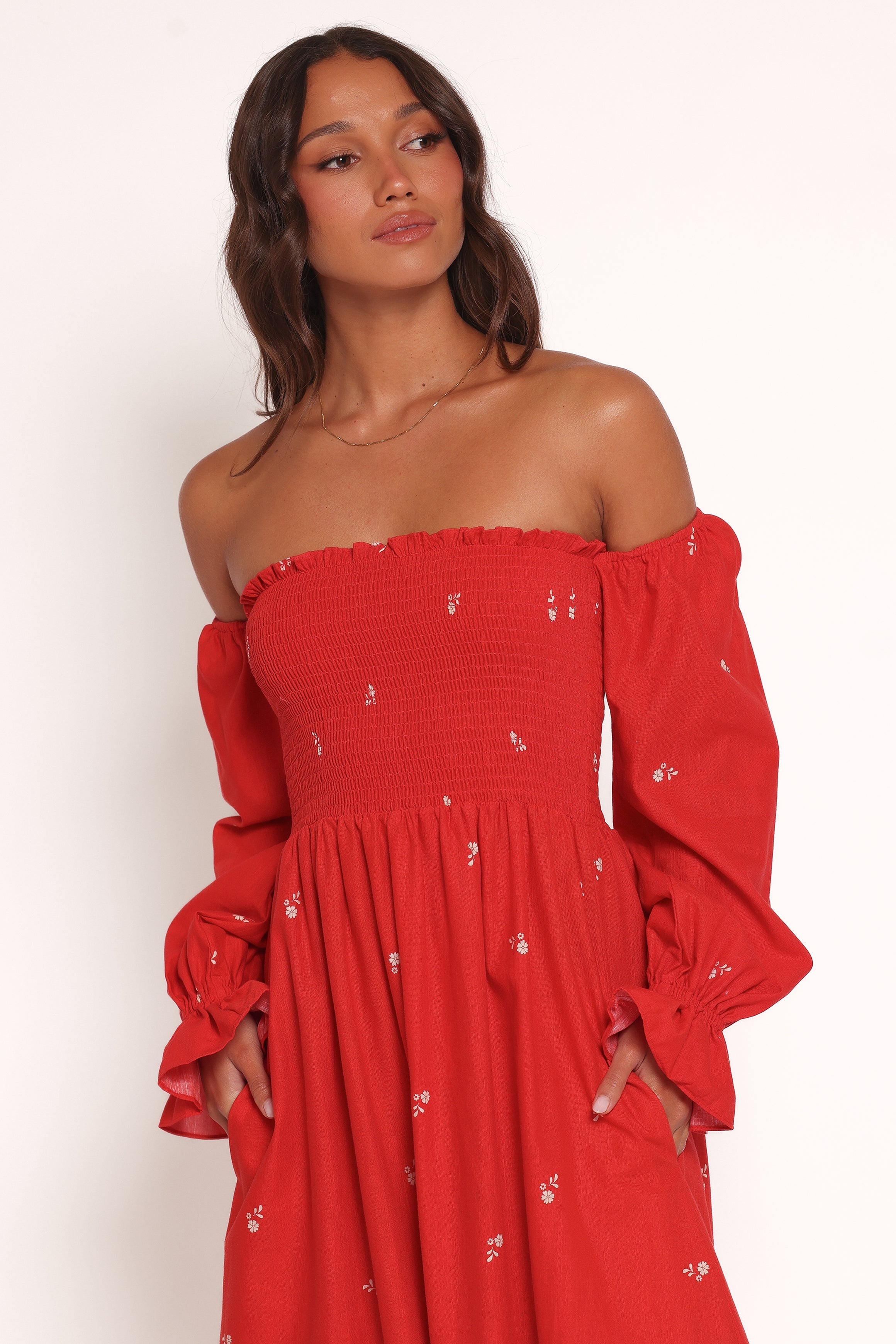 Domenica Shirred Long Sleeve Midi Dress - Red Floral Bandana