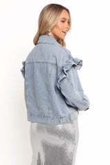 Hadley Ruffle Sleeve Denim Jacket - Mid Denim