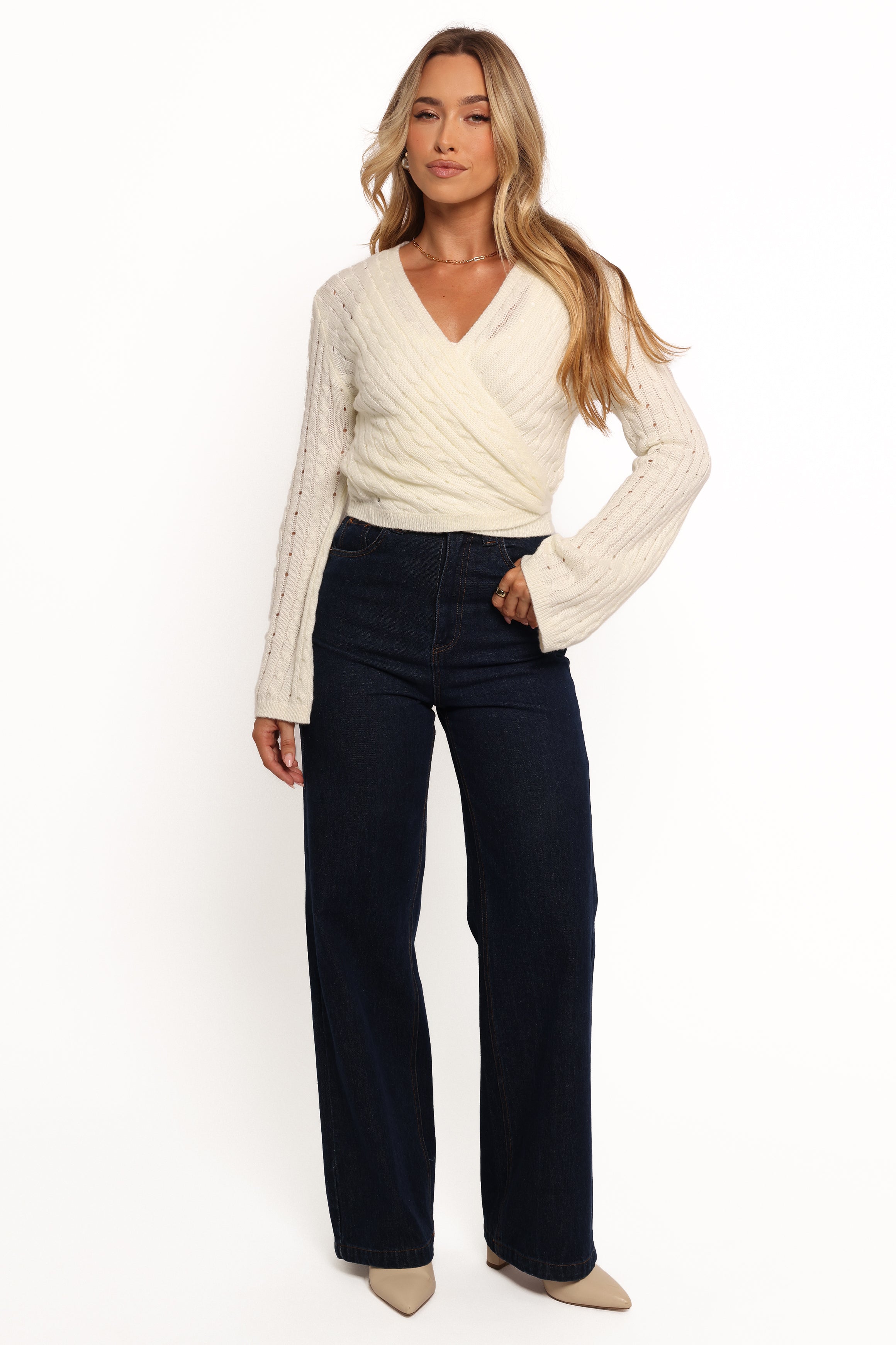 Kaelie Wrap Front Knit Top - White