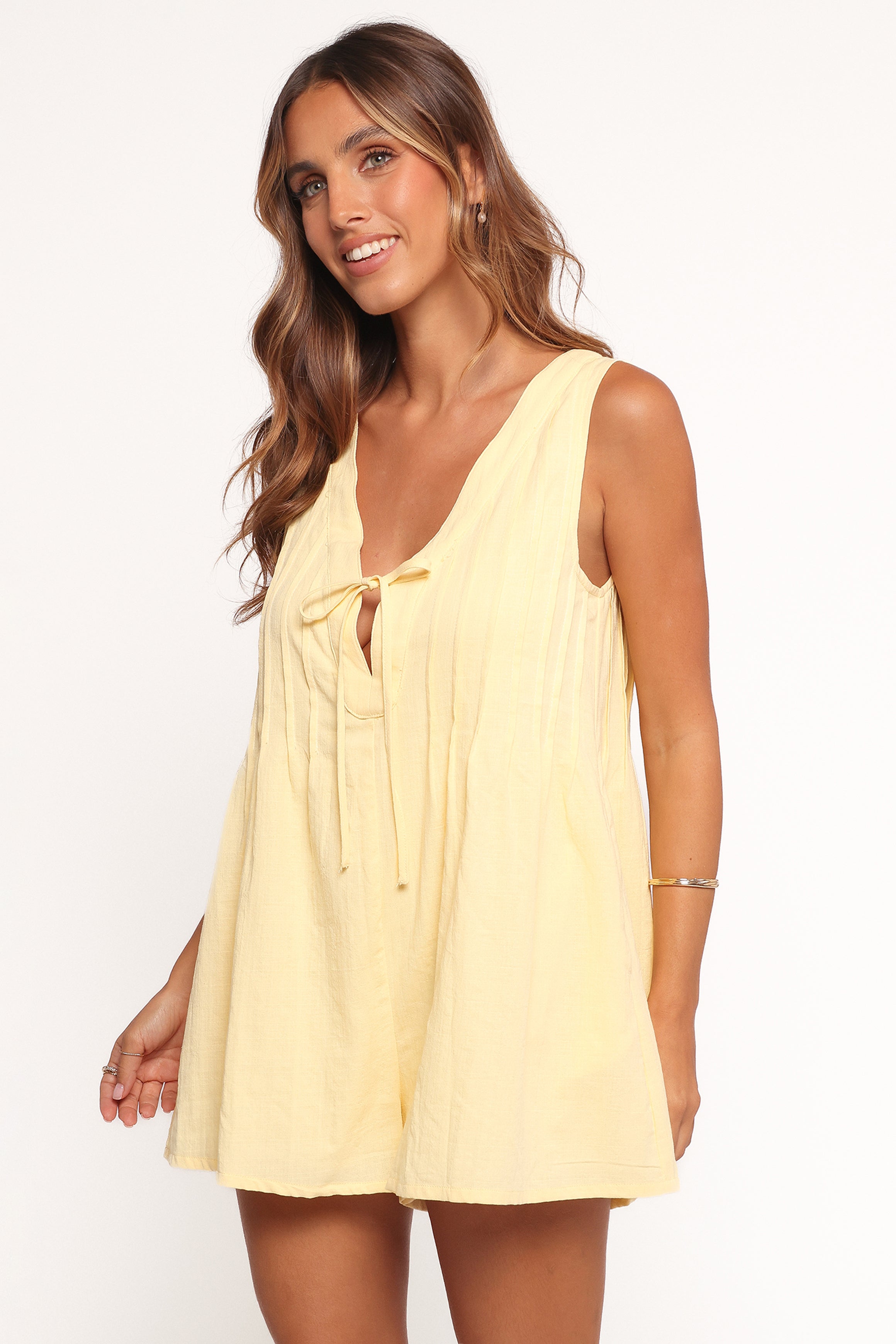 Kallie Tie Front Romper - Butter Yellow