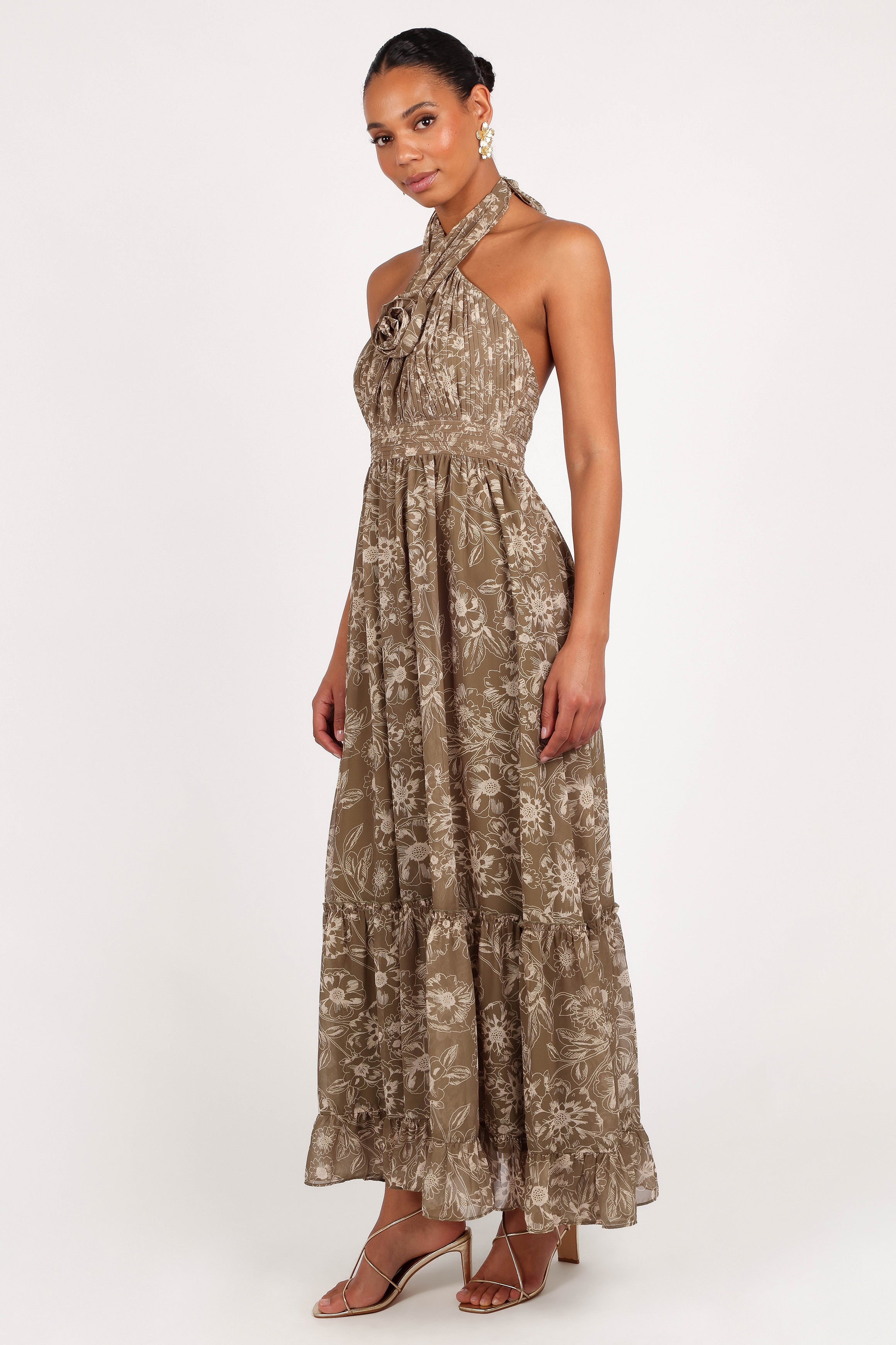 Lennon Halterneck Maxi Dress - Olive Floral