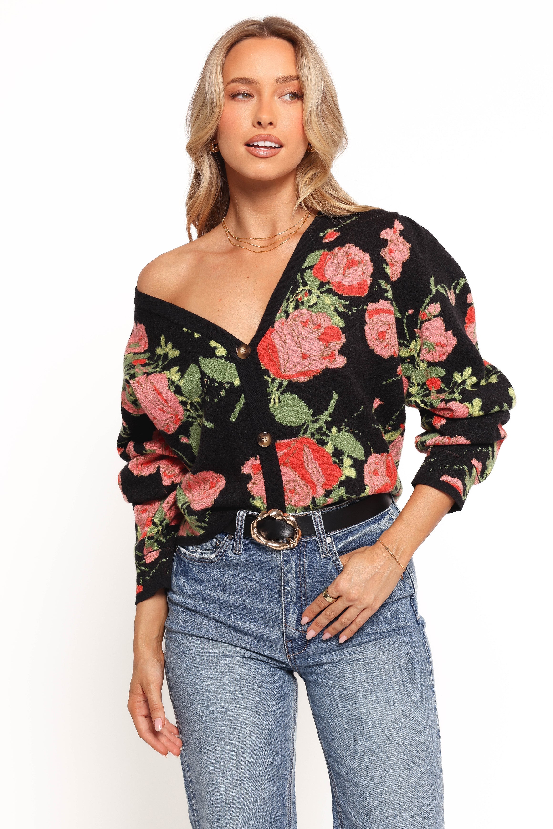Reeva Button Front Floral Cardigan - Black Floral