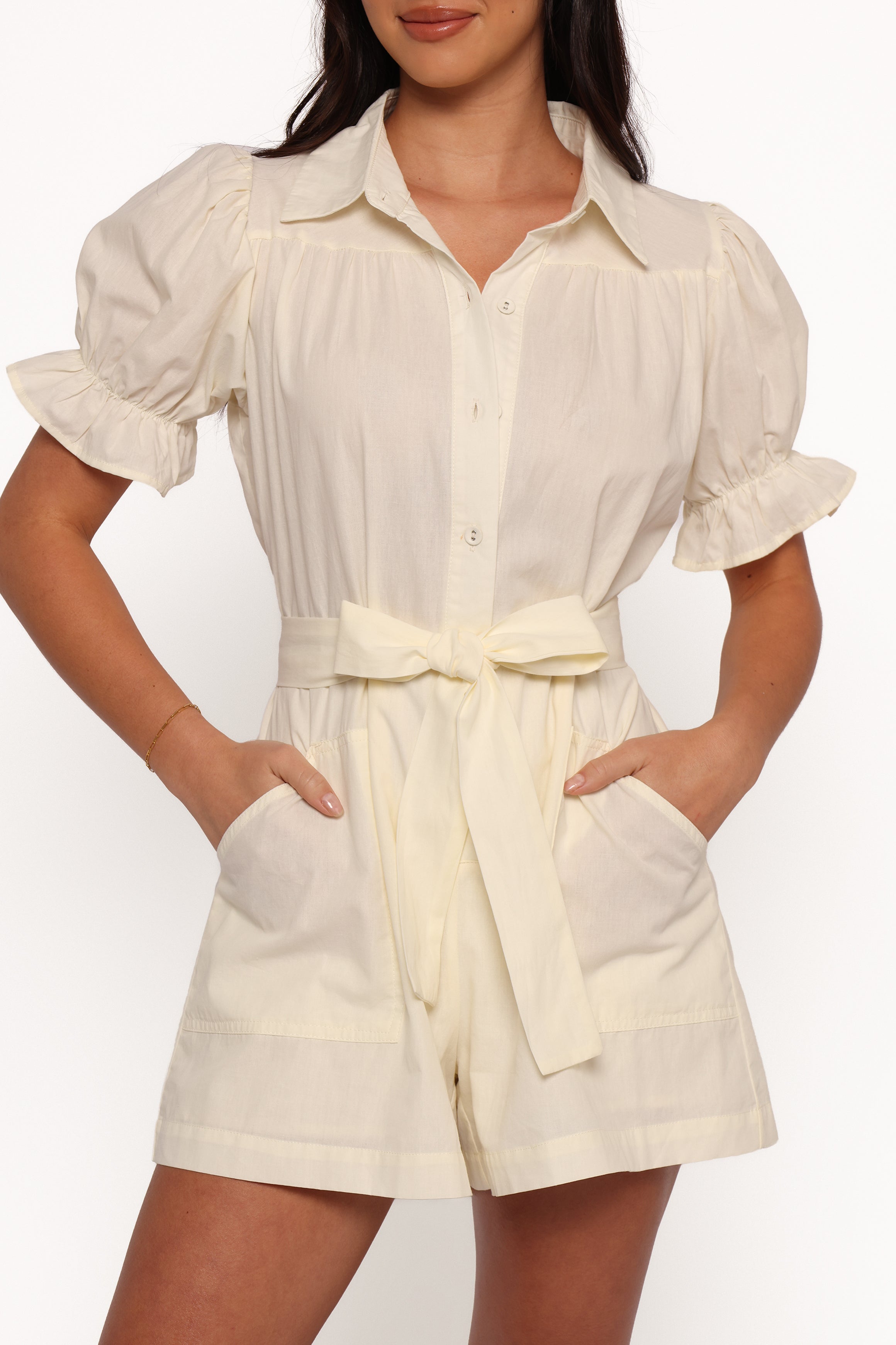 Riley Waist Tie Romper - Cream
