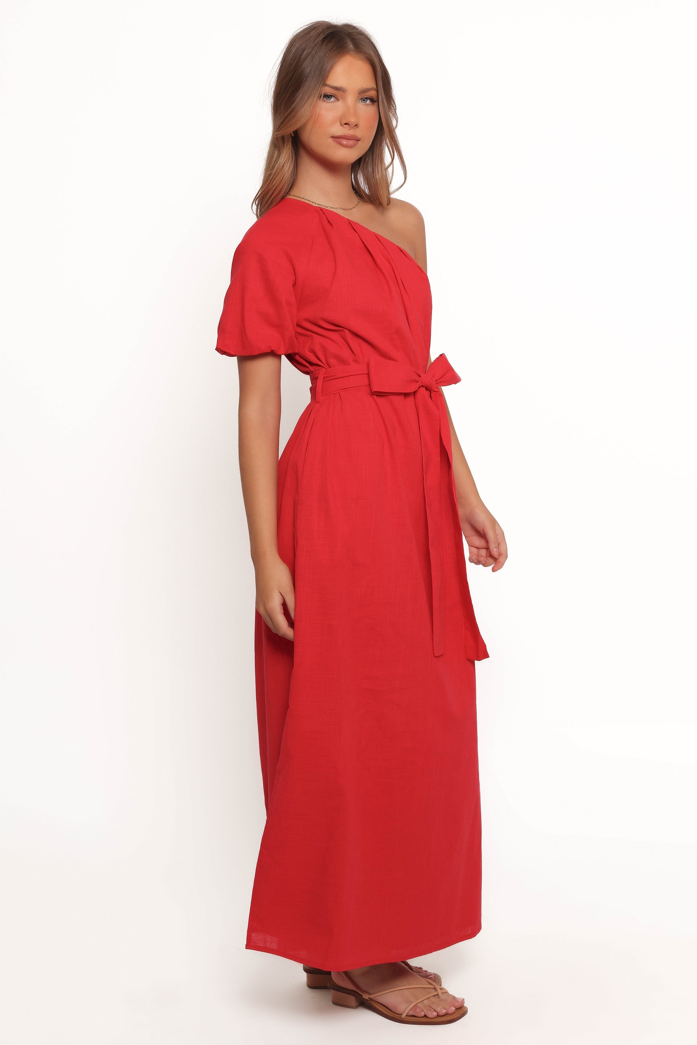 Roma One Shoulder Midi Dress - Red