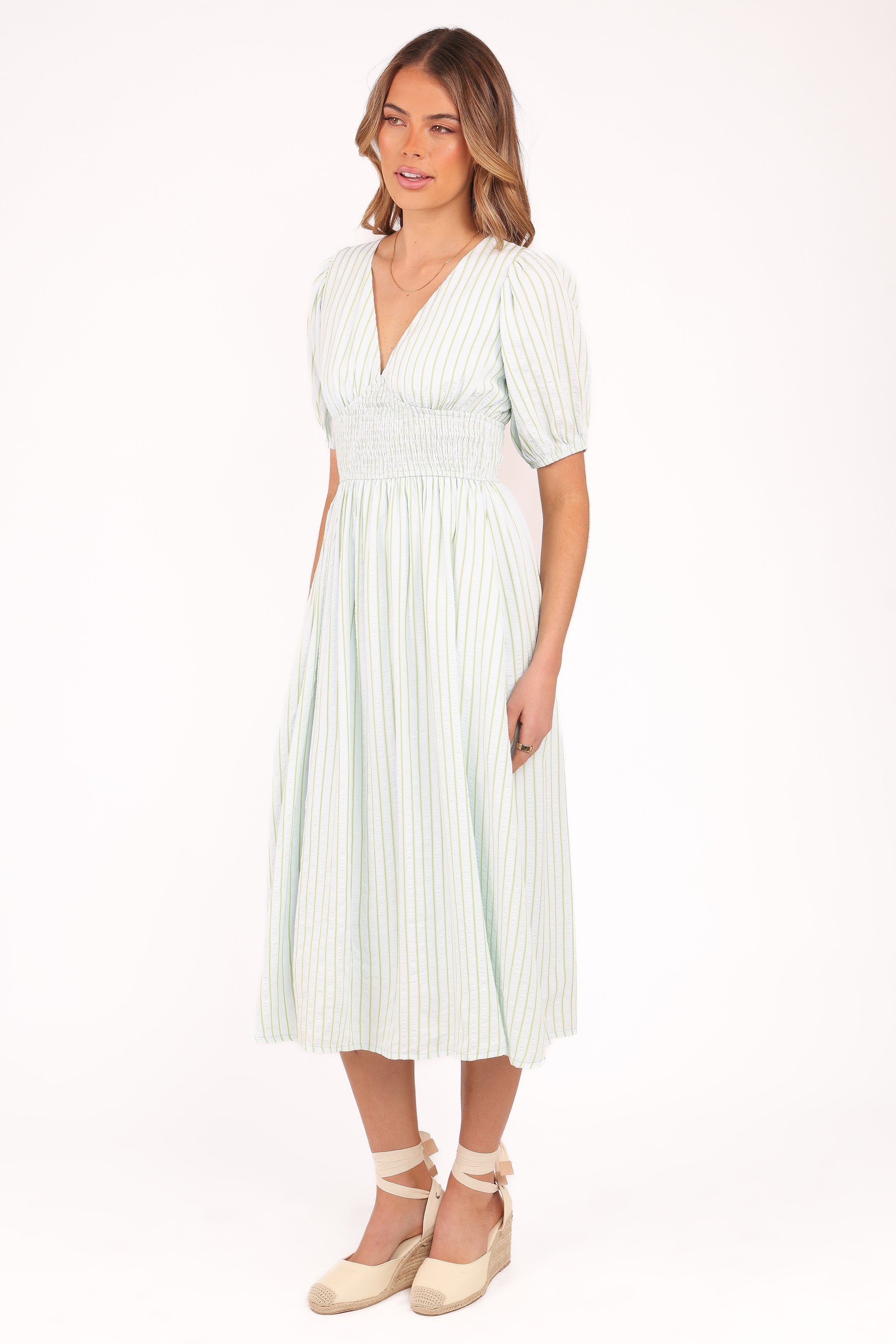 Ronnie Short Sleeve Midi Dress - Green Blue Stripe