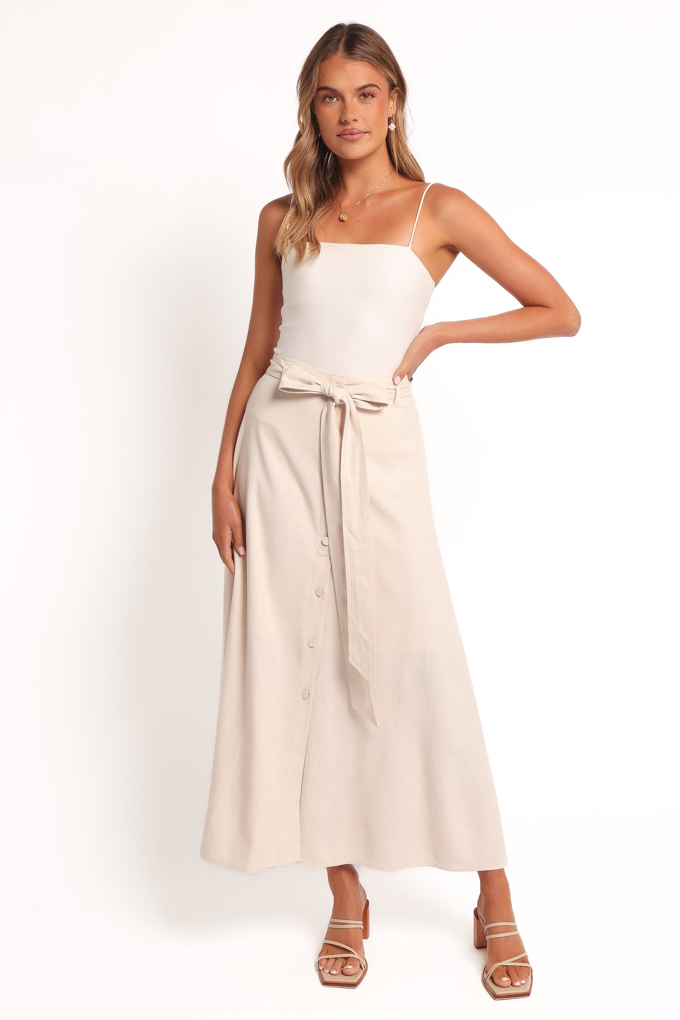 Xander Tie Waist Midi Skirt - Oatmeal