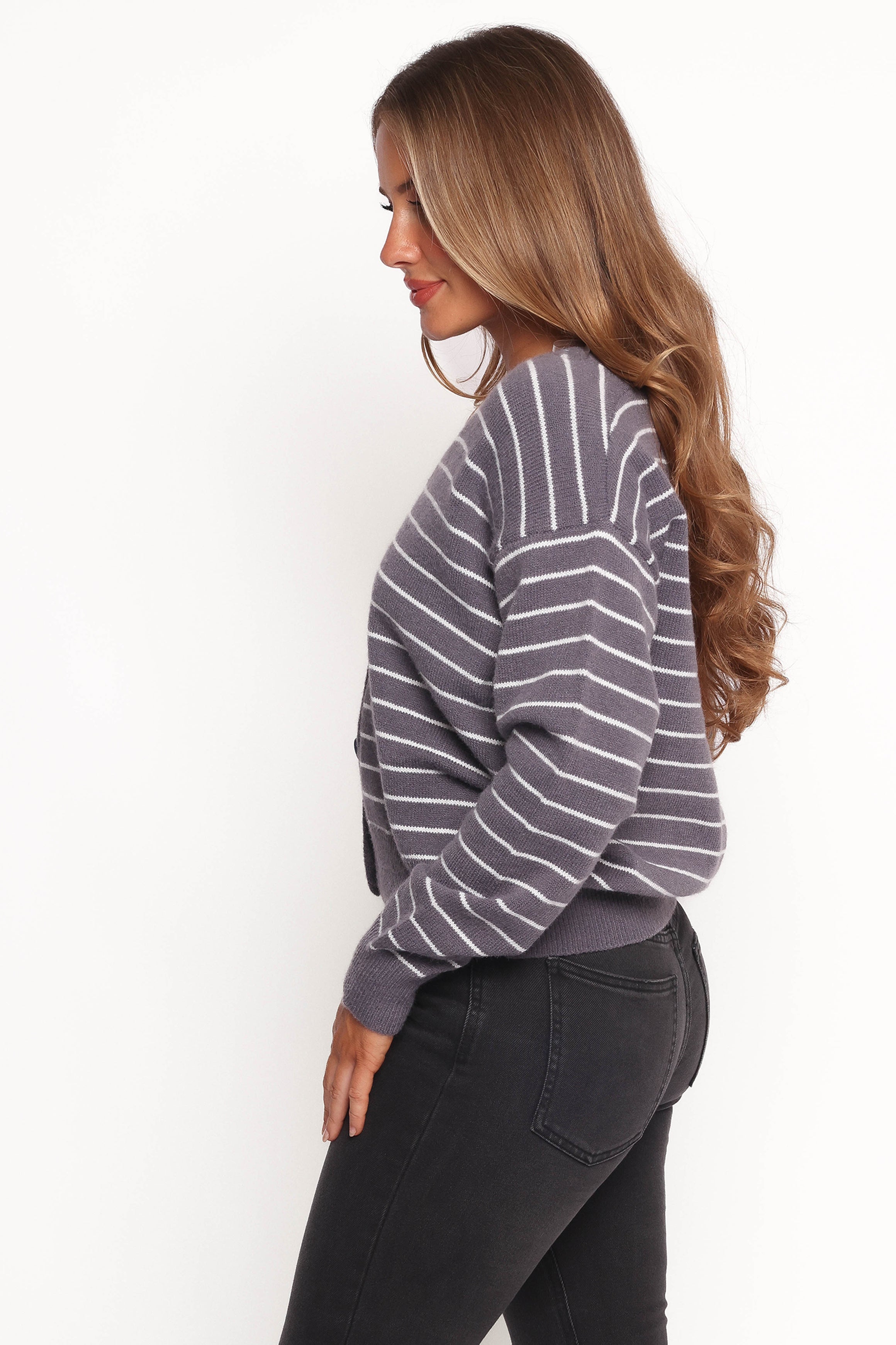 Zammy Lurex Strip Button Front Cardigan - Grey