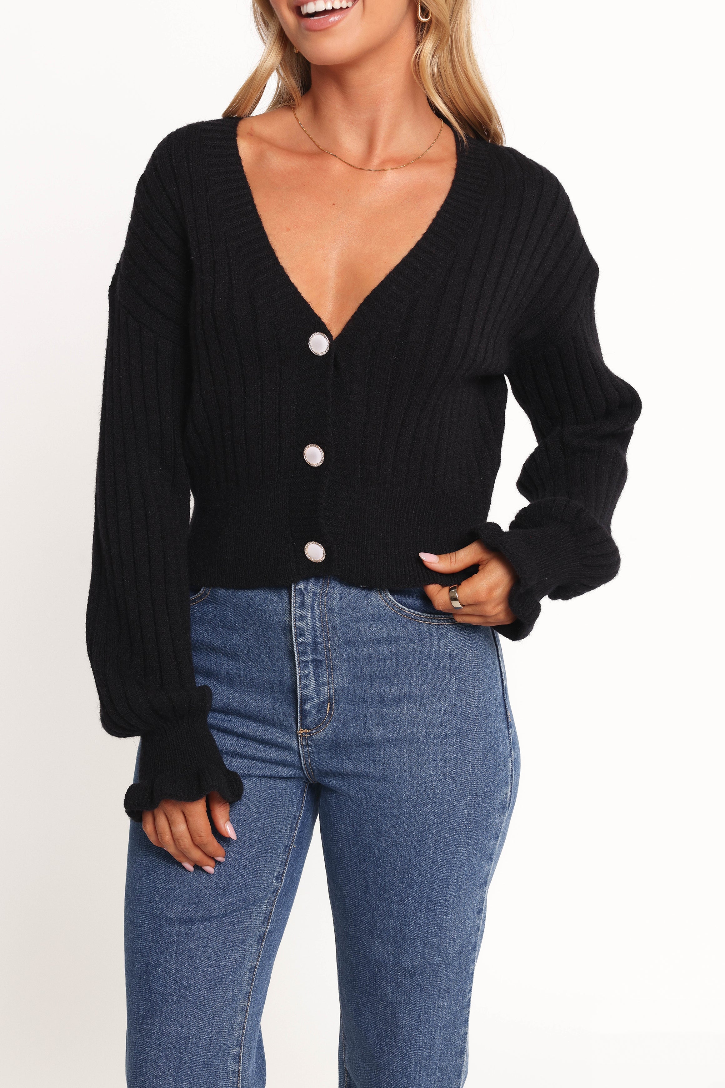 Zana Ribbed Ruffle Cuff Knit Sweater - Black