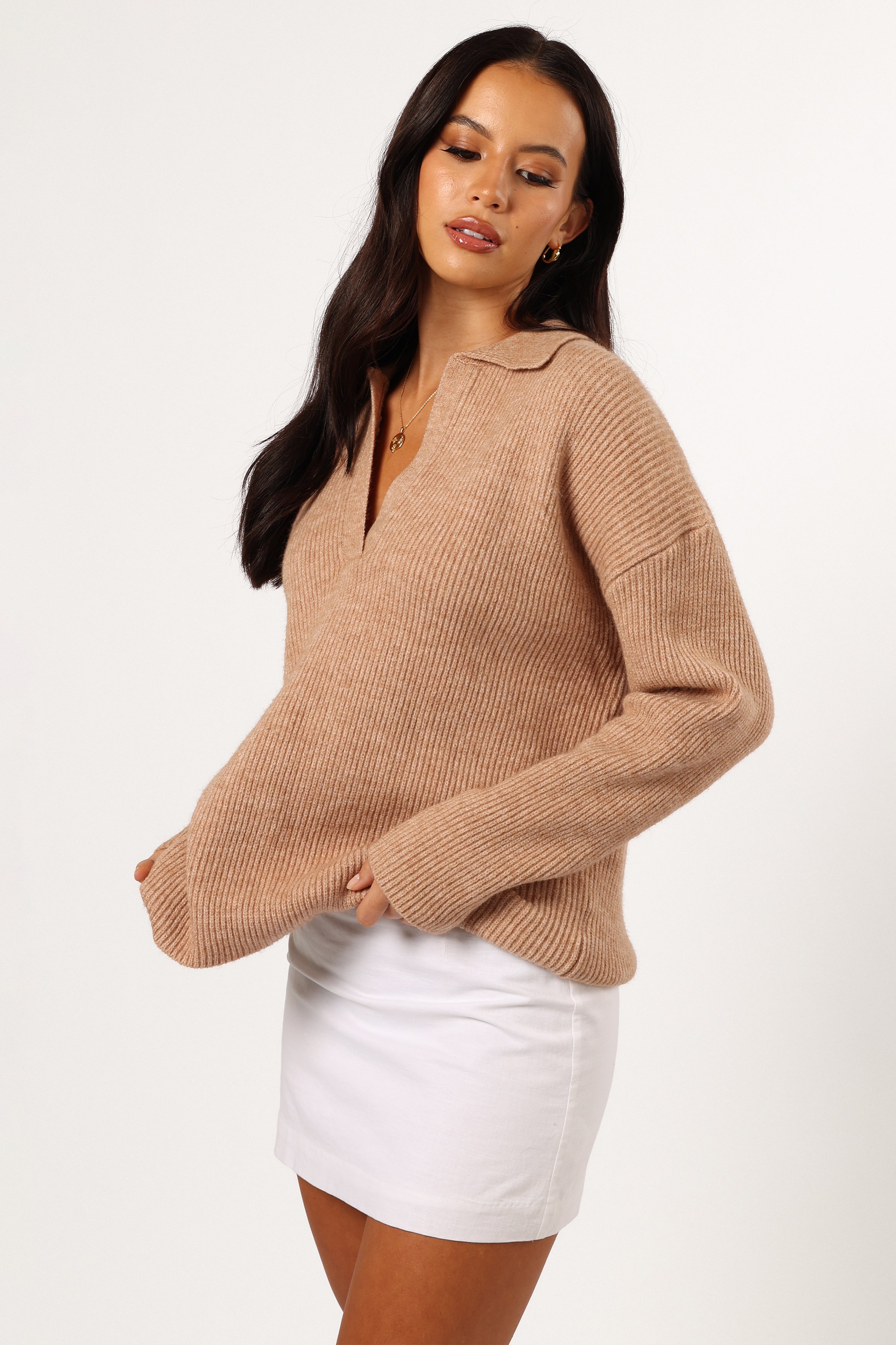 Zala Vneck Collar Knit Sweater - Mocha
