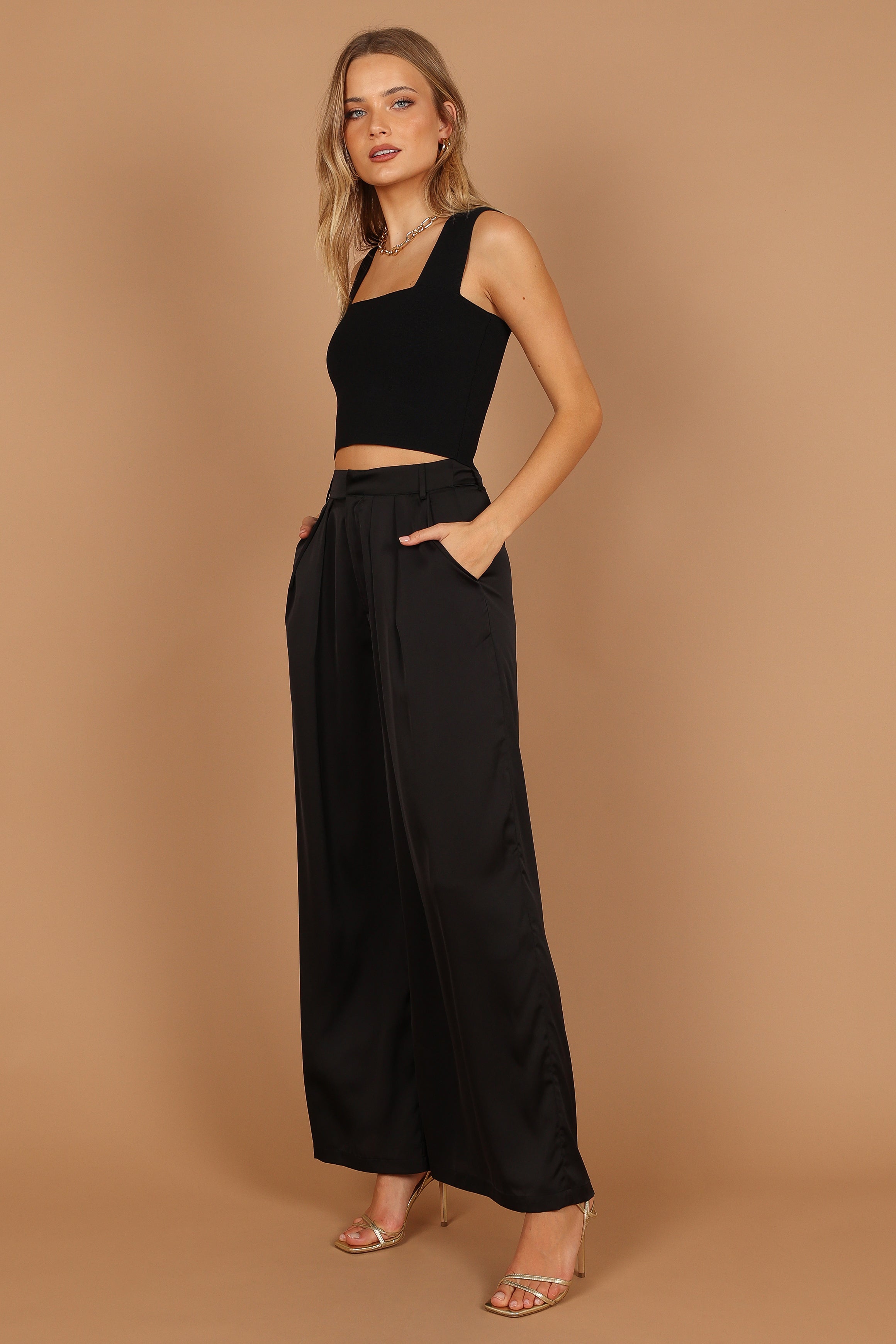 Wellington Wide Leg Satin Pant - Black