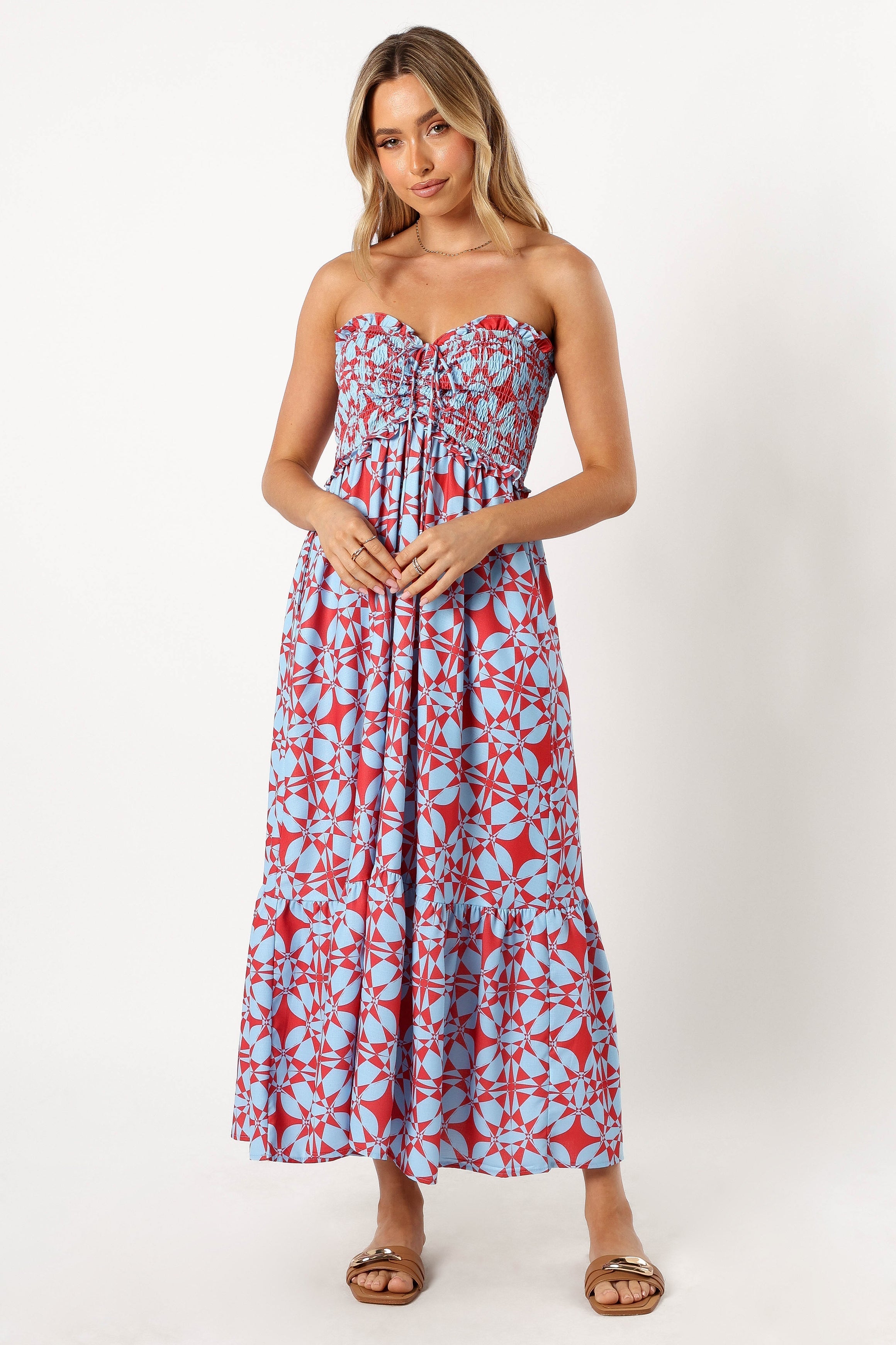 Dayton Strapless Midi Dress - Red Blue