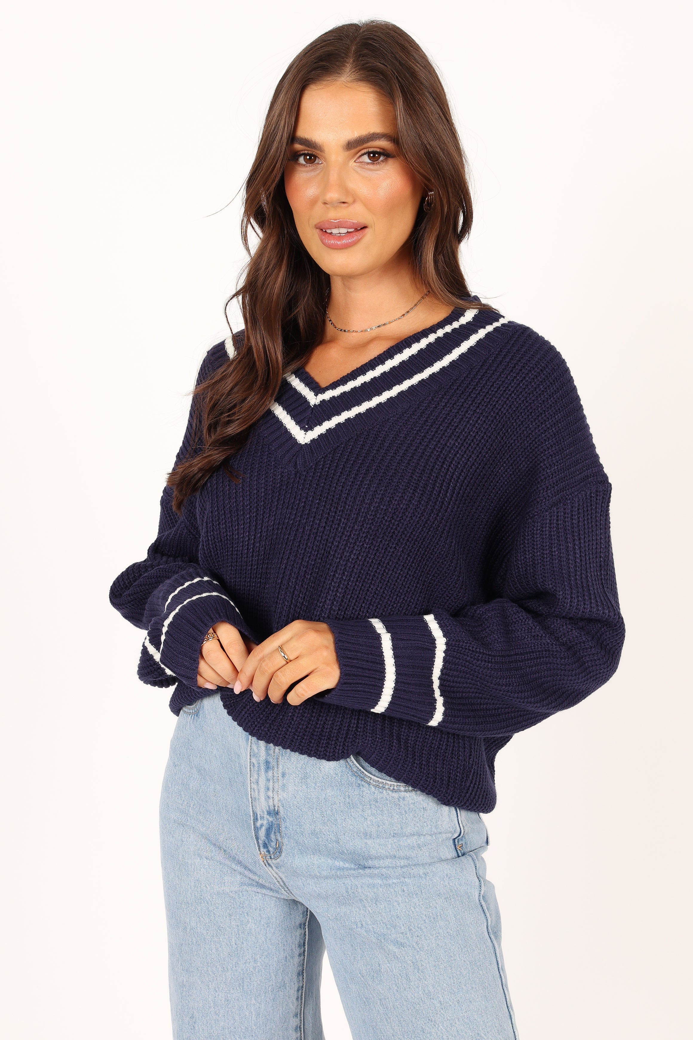 Leanna Vneck Knit Sweater - Navy