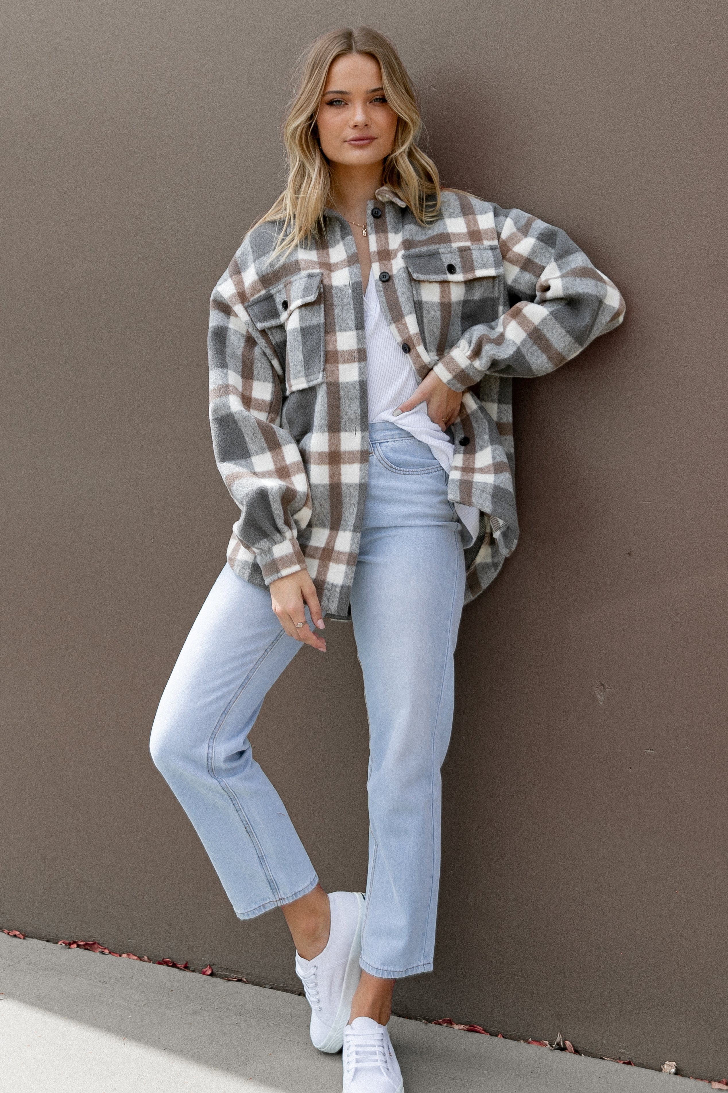 Alex Double-Breasted Pocket Shacket - Grey Check