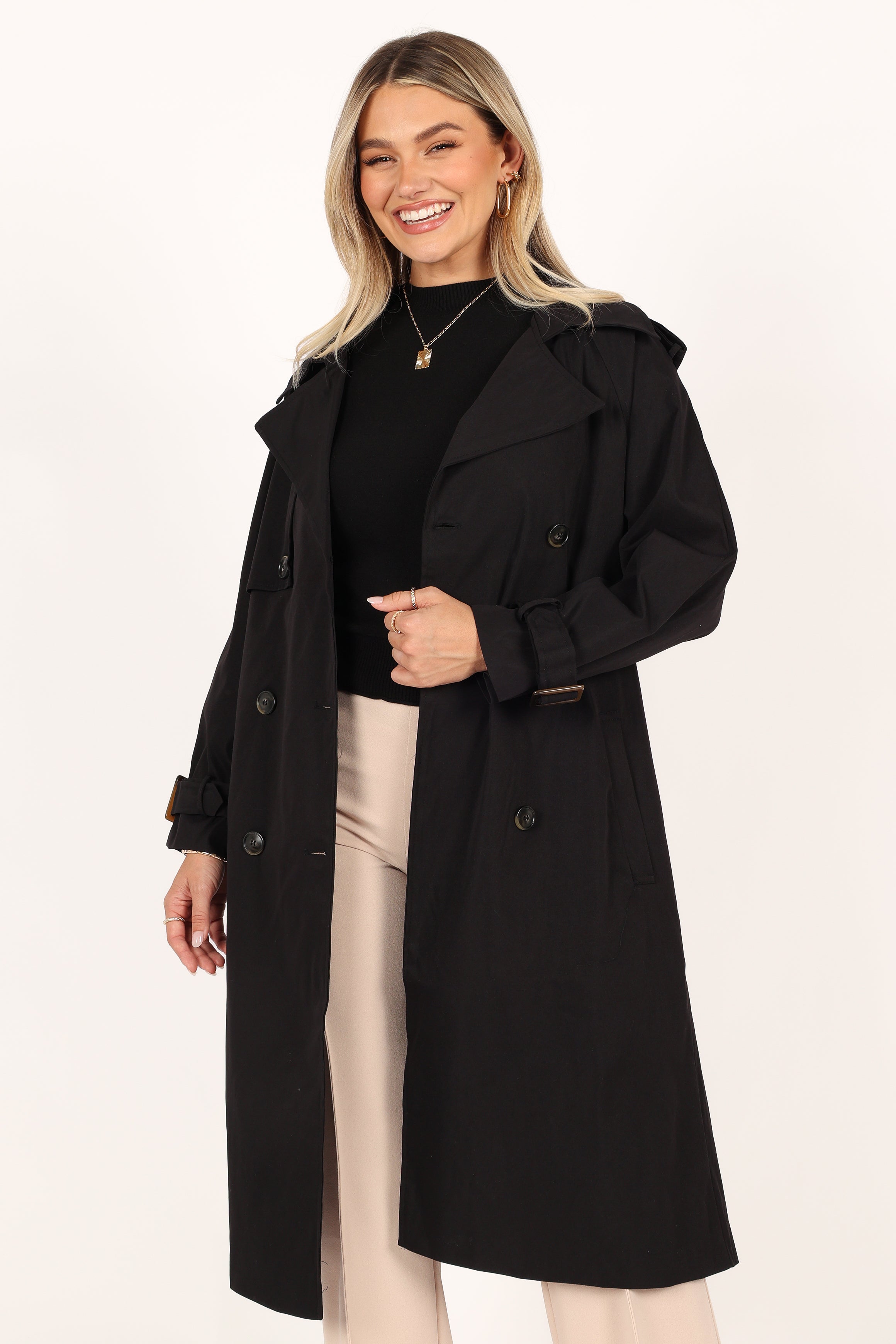 Trina Button Front Trench Coat - Black